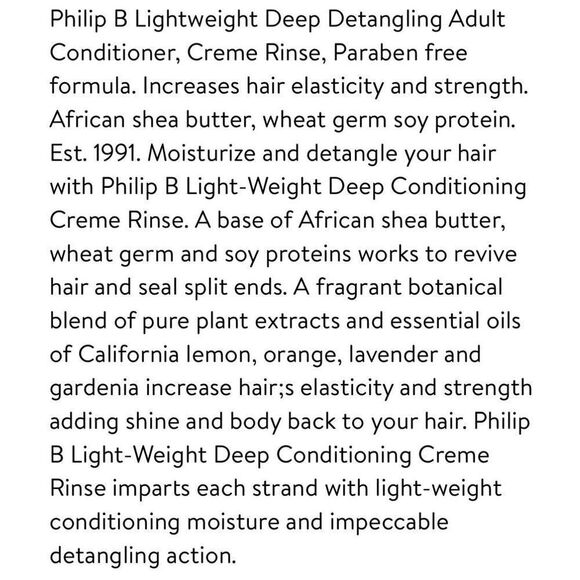 NEW Philip B Light Weight Deep-Conditioning Creme Rinse Paraben Free 6 oz NWT - Picture 4 of 11